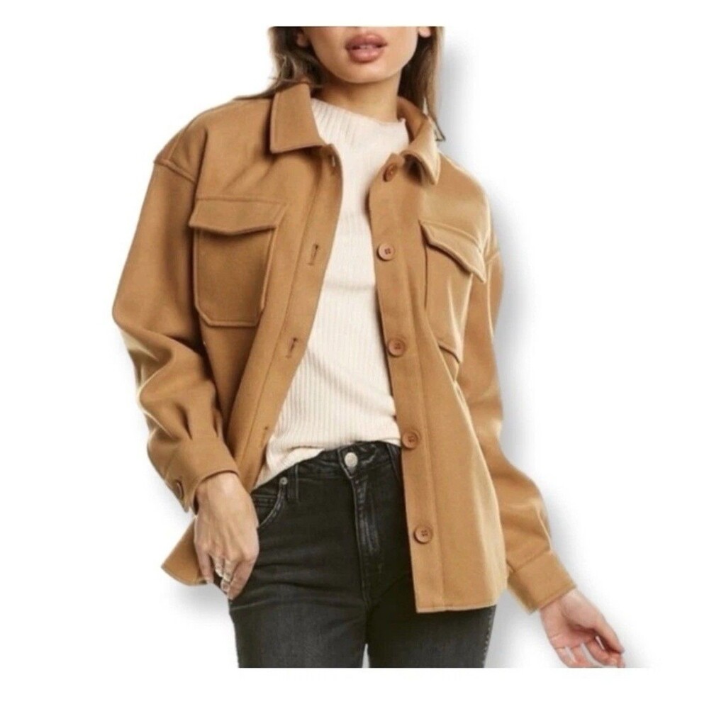Avec Les Filles Solid Shirt Tail Shacket in Cognac Size L Jacket Fall Boxy Tan